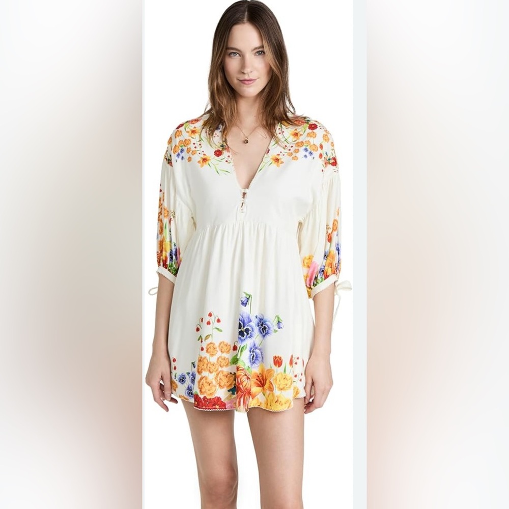 Agua Bendita Women's Alex Bouk Dress Mini V Neck Cream Floral Womens Size S